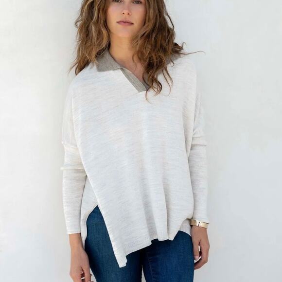 Mersea Catalina Polo Oversized Relaxed V-Neck 3/4 Sleeves Side Slits Sweater OS - Picture 13 of 13